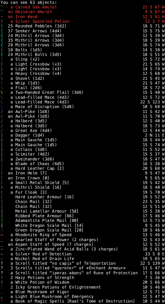 angband list of items