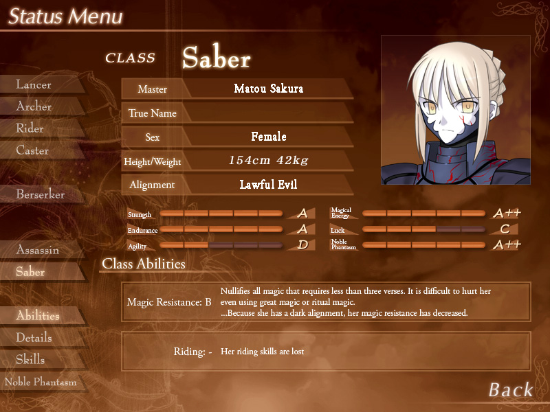 Saber перевод. Fate stay Night меню слуг. Fate/stay Night меню статуса. Параметры слуг Fate. Статы персонажей Фейт.