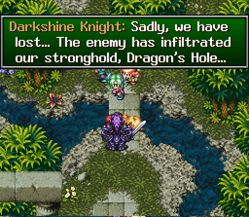 a screenshot of Trials of Mana Where Darkshine Knight Approaches the party